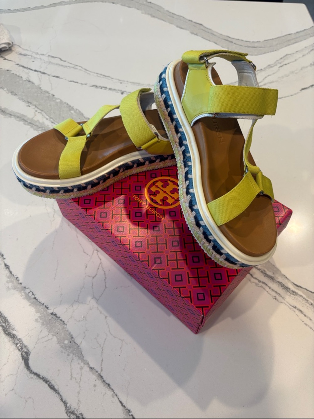 Tory Burch Neon Yellow Platform Sandals with Braided Trim